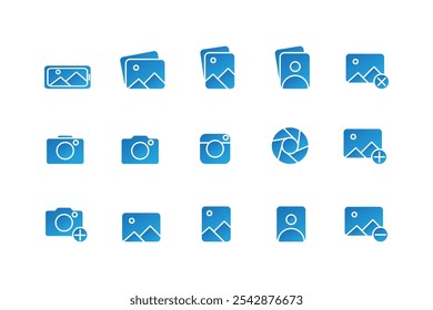 Coleção de ícones de fotografia. Contém câmera e álbum de fotos, ilustração vetorial do fotógrafo com azul escuro e azul claro cores de gradiente no fundo branco, símbolo da foto. Ilustração sólida i