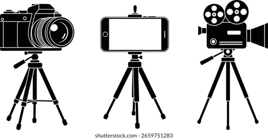 Uma coleção de equipamentos de fotografia e videografia, incluindo uma câmera, smartphone e câmera de vídeo, cada um montado em um tripé, em estilo de ícone preto e branco. 184º