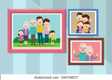 Collection Of Photos Of Family Members In Frames. Bundle Of Framed Wall Pictures Or Photographs With Smiling People.Grandmother And Grandfather In Photo Frame Together.