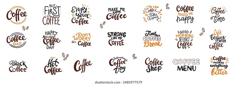 Collection of phrases about coffee. Hand drawn vector art.