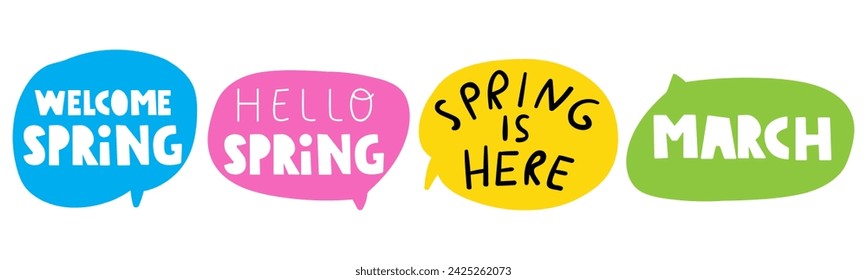 Collection of phrases about springtime. Handwriting. Lettering. Graphic design. Hand drawn illustrations on white background.