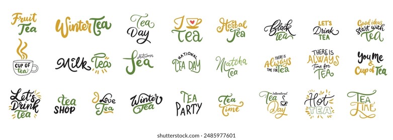 Colección de frases sobre el té. Arte vectorial dibujado a mano.