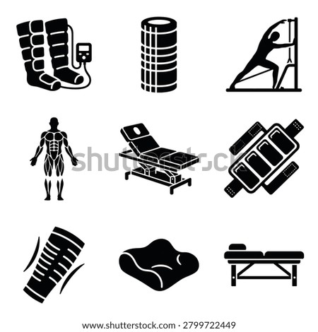 Collection of physiotherapy and rehabilitation icons. Vector illustration of medical equipment for recovery and physical therapy.
