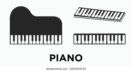 Collection of piano keys rendered in various geometric shapes and abstract forms, offering a modern twist on traditional musical elements for design projects and music-related visuals.