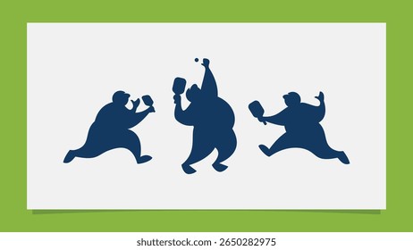 Collection of pickleball player silhouettes with fat bodies in various positions
