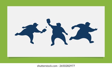 Collection of pickleball player silhouettes with fat bodies in various positions