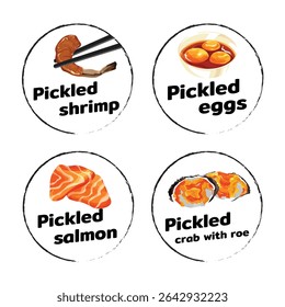 Collection of pickled seafood and eggs vector stickers. Featuring pickled shrimp, eggs, salmon, and crab with roe. Perfect for Asian food labels, menus, and food-related designs.