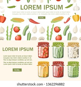 Collection of pickled vegetables in transparent glass jar. Vegetarian food, healthy eating. Canned vegetables Flat vector illustration. Concept for web site design and advertising flyer.