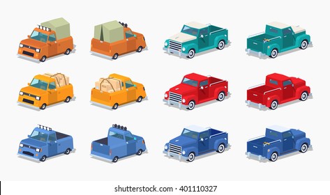 Collection of the pickups. 3D lowpoly isometric vector illustration. The set of objects isolated against the white background and shown from two sides