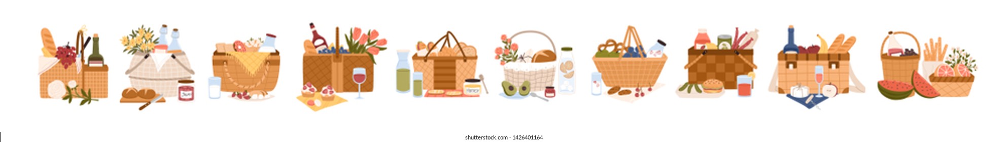 Collection of picnic baskets full of delicious meals and snacks for outdoor dining. Bundle of hampers for food storage isolated on white background. Colorful flat cartoon vector illustration.