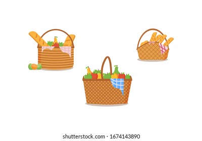 The collection of picnic baskets is full of delicious fruits and bread for al fresco dining. Set of picnic basket full of food on a white background. Picnic Design Concept. Vector illustration, EPS 10