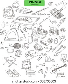 Collection of the picnic doodles, different objects: tent, food, meat and vegetables, different tools and instruments, barbecue, games etc. Line art illustrations.