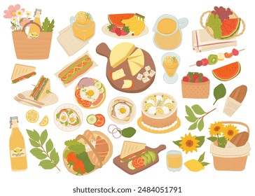 Collection of picnic food elements vector illustration, charcuterie, lemon cake, picnic basket, fruits and vegetables