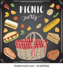 Collection of picnic food on chalkboard. Grill meat, fish, vegetables, sandwiches, corn, fruits,cake and basket. Isolated elements. Design concept for picnic or barbecue party. Vector illustration