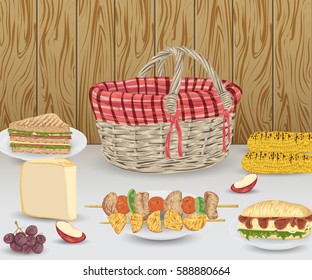 Collection of picnic food on wooden background. Grilled corn, potato, kebab, sandwiches, cheese, fruits and basket. Isolated elements. Design concept for picnic or barbecue party. Vector illustration