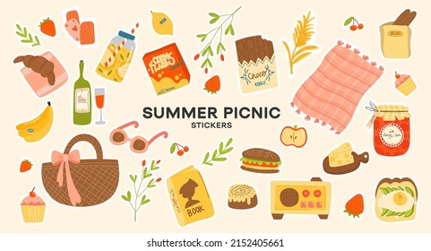 Collection of picnic items. Includes, basket, rug, cakes, pie, radio, cherries, and other desserts. Vector illustration, stickers, concept of summer outdoor dining in cartoon style. on isolated backgr