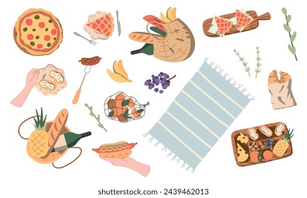 Collection of picnic items. Includes, basket, rug, cakes, pie, radio, cherries, and other desserts. Vector illustration, stickers, concept of summer outdoor dining in cartoon style. on isolated backgr