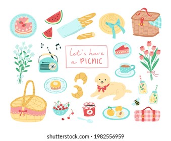 Collection of picnic themed design elements. Includes a cute dog, baskets, rug, cakes, tart, cherries, watermelon and other desserts. Vector illustration of a summer picnic concept in cartoon style.