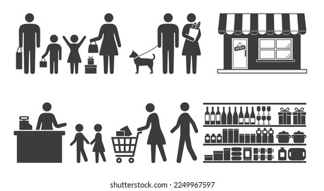 A collection of pictograms with motifs of shoppers and families