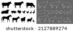 Collection of pictograms representing the different farm animals, a series composed of black silhouettes and another without a background with white outlines. 
