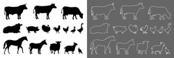 Collection Of Pictograms Representing The Different Farm Animals, A Series Composed Of Black Silhouettes And Another Without A Background With White Outlines. 