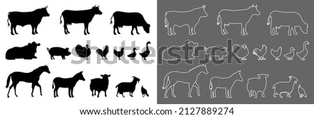 Collection of pictograms representing the different farm animals, a series composed of black silhouettes and another without a background with white outlines. 