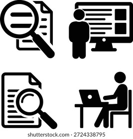 Una colección de pictogramas que representan tareas de oficina como entrada de datos, búsqueda de documentos y análisis
