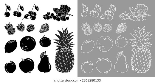 Collection of pictograms of various fruits: cherry, currant, raspberry, strawberry, lemon, orange, tangerine, apricot, apple, pear, pineapple - 2 versions: black silhouettes and white outlines.