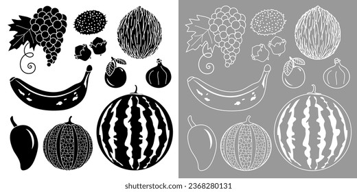 Collection of pictograms of various fruits: grape, kiwi, hazelnut, coconut, banana, plum, fig, mango, melon, watermelon - 2 versions: black silhouettes and white outlines.