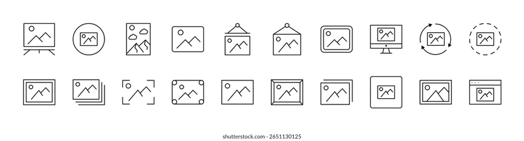 Coleção de Ícones de Linha Relacionados à Imagem. Outline Signs para Gráficos e Web Design, Apps, Anúncios, Vários Cartões 