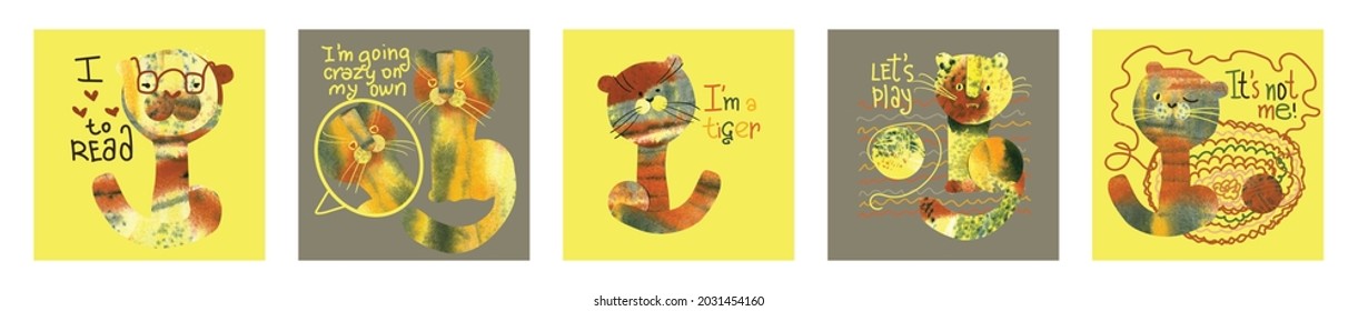 a collection of pictures depicting funny cats, tigers, leopards, hand drawings with a watercolor texture and inscriptions for printing on T-shirts, mugs, bags, posters, cards., for use as banners, etc