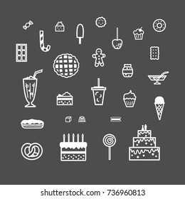 Collection of pictures depicting various confectionery products. Sweets in a linear style.