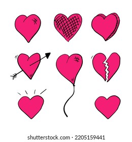 a collection of pictures of hearts, on a white background, a combination of red and pink colors, illustrations of hearts. for logos, poster designs, logos, symbols, business cards, cards, banners.
