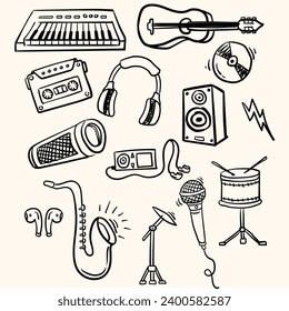 a collection of pictures of musical instruments with doodle line art style images and cream backgrounds