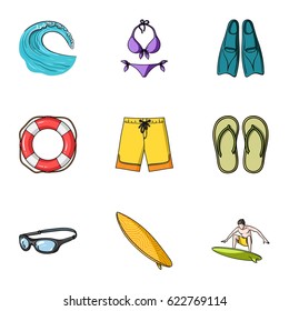 A collection of pictures on the theme of the beach, the sea, surfing. Rescuers of the beach.Surfing icon in set collection on cartoon style vector symbol stock illustration.