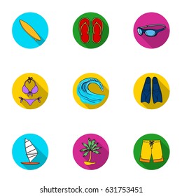 A collection of pictures on the theme of the beach, the sea, surfing. Rescuers of the beach.Surfing icon in set collection on flat style vector symbol stock illustration.
