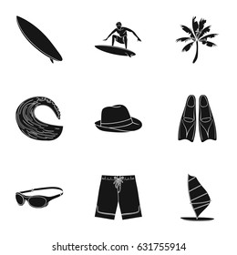 A collection of pictures on the theme of the beach, the sea, surfing. Rescuers of the beach.Surfing icon in set collection on black style vector symbol stock illustration.