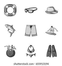 A collection of pictures on the theme of the beach, the sea, surfing. Rescuers of the beach.Surfing icon in set collection on monochrome style vector symbol stock illustration.