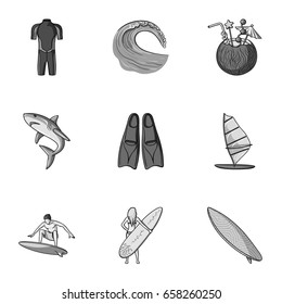 A collection of pictures on the theme of the beach, the sea, surfing. Rescuers of the beach.Surfing icon in set collection on monochrome style vector symbol stock illustration.