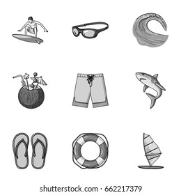 A collection of pictures on the theme of the beach, the sea, surfing. Rescuers of the beach.Surfing icon in set collection on monochrome style vector symbol stock illustration.