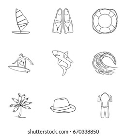 A collection of pictures on the theme of the beach, the sea, surfing. Rescuers of the beach.Surfing icon in set collection on outline style vector symbol stock illustration.