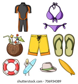 A collection of pictures on the theme of the beach, the sea, surfing. Rescuers of the beach.Surfing icon in set collection on cartoon style vector symbol stock illustration.