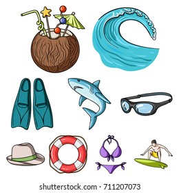 A collection of pictures on the theme of the beach, the sea, surfing. Rescuers of the beach.Surfing icon in set collection on cartoon style vector symbol stock illustration.