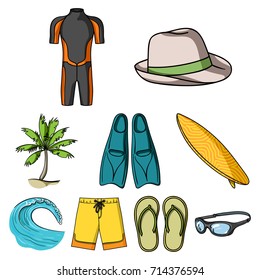 A collection of pictures on the theme of the beach, the sea, surfing. Rescuers of the beach.Surfing icon in set collection on cartoon style vector symbol stock illustration.