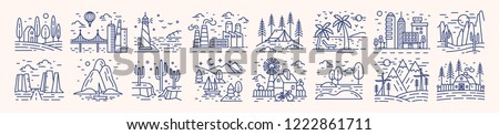 Collection of picturesque landscape icons or symbols drawn with contour lines on light background. Bundle of beautiful linear natural sceneries. Monochrome vector illustration in lineart style.