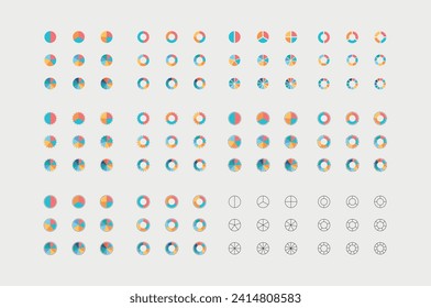 Collection of pie charts divided into parts or sectors.