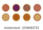 Collection of Pie top view vector flat vector illustration with different topings. Simple pie cartoon vector isolated on white background. Vector Eps