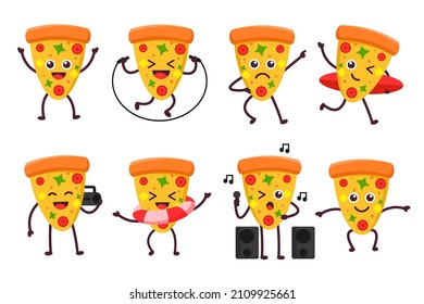 Collection piece of pizza with Exercise, skipping rope, aerobics, surfing, listening to radio music, swimming with tubing, singing and dancing. in cartoon character, vector illustration