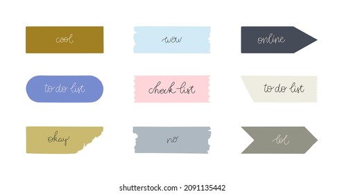 Collection of pieces of washi tape with cursive monoline text. Vector isolated on white background.