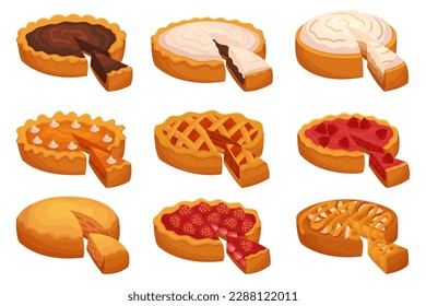 Collection Of Pies With A Portion Sliced Out, Revealing Their Delicious, Flavorful Filling. The Image Is Perfect For Food-related Content Or Advertising Bakery Products. Cartoon Vector Illustration